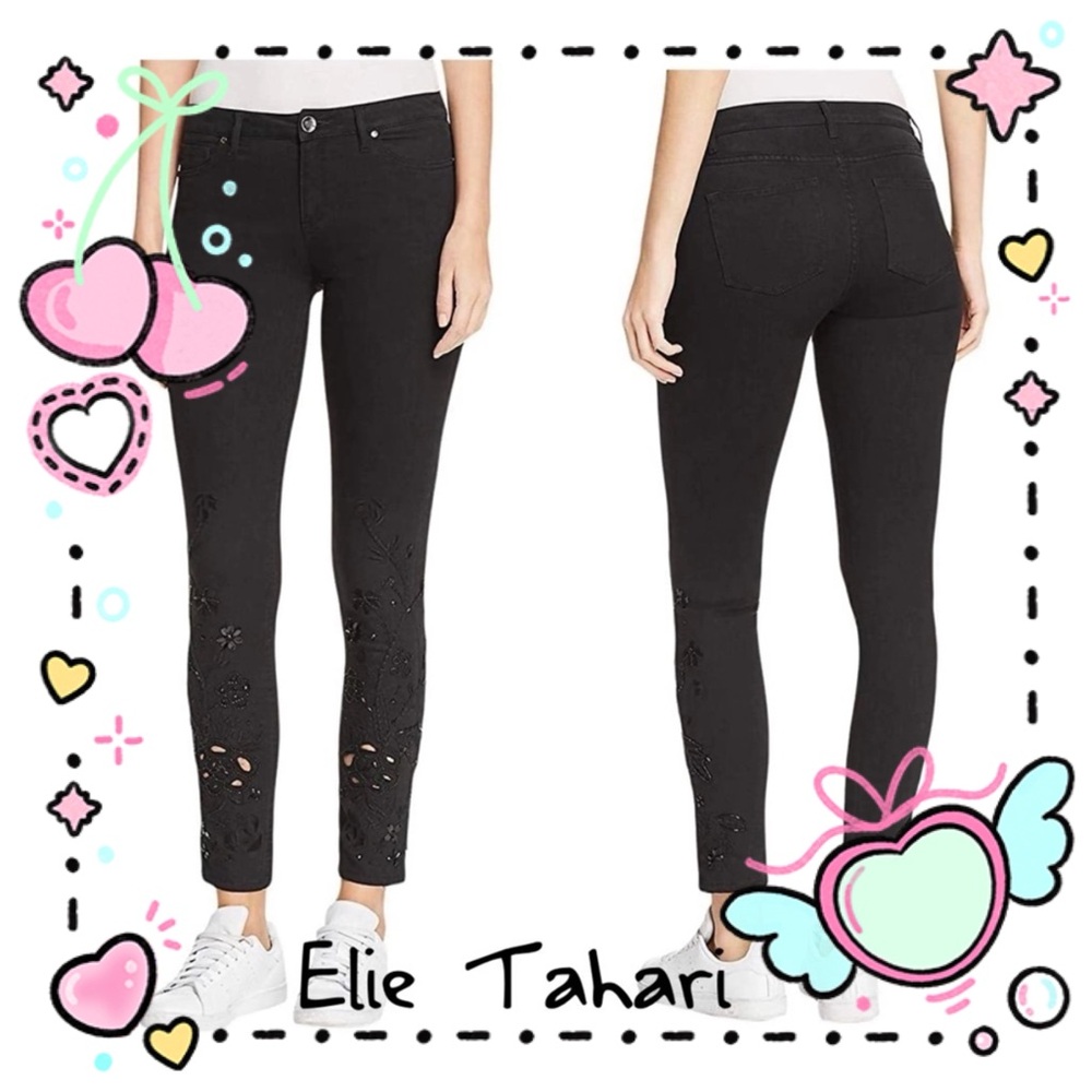 Elie Tahari Azella Embellished Embroidered Skinny Jeans with Beads Super Black